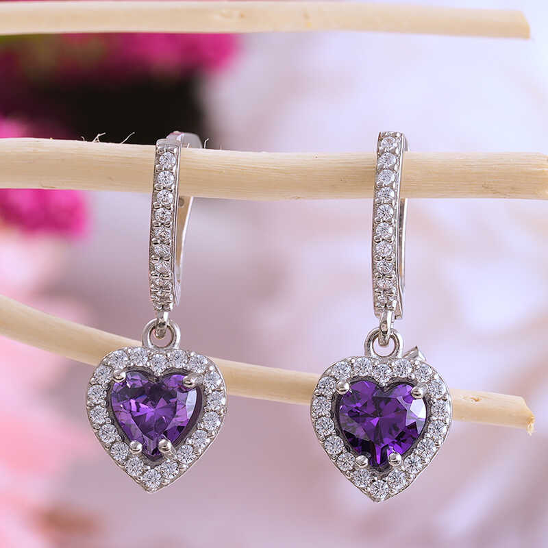 Silver Purple Stone-set Heart Women's Earrings