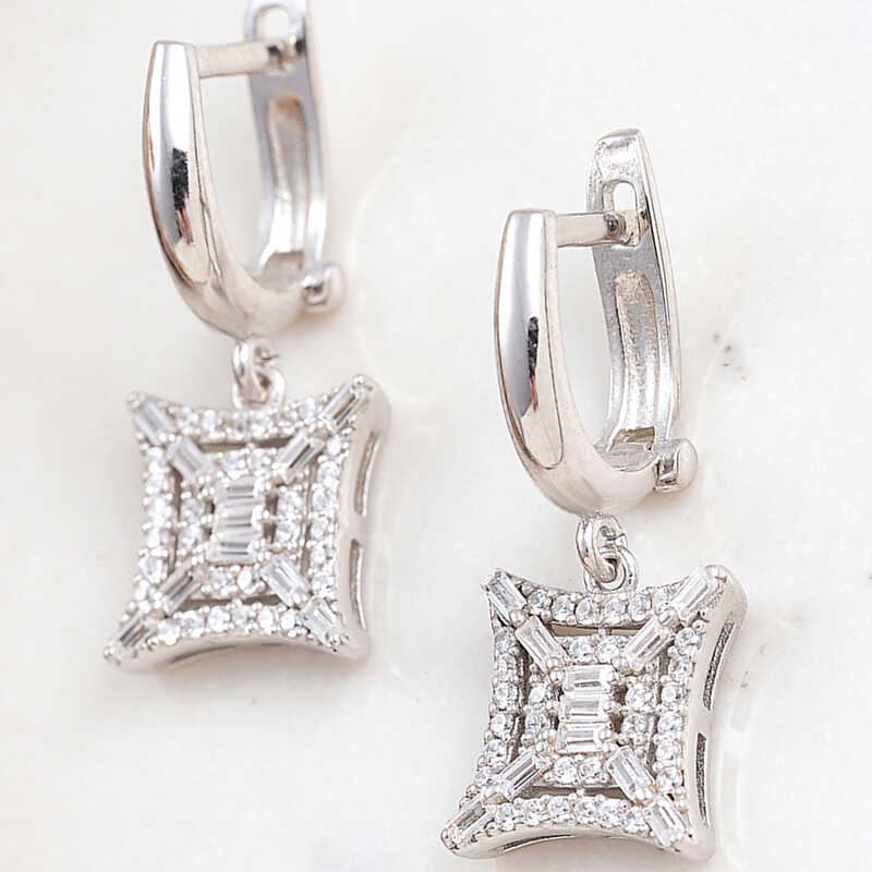 Silver Square Zircon Stone-set Women's Earrings