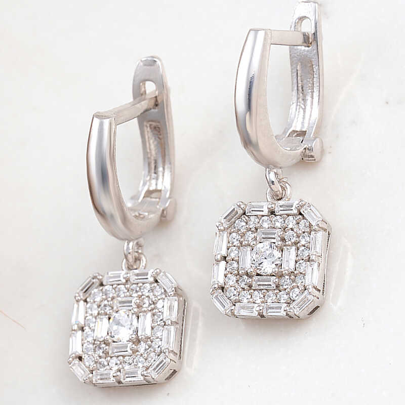 Silver Square Zircon Stone-set Women's Earrings