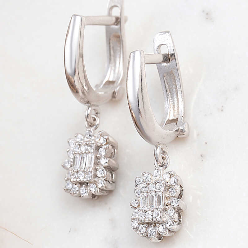 Silver Baguette Stone-set Women's Earrings