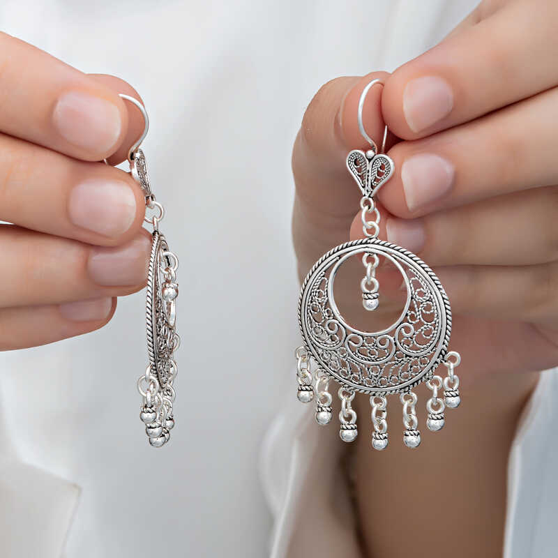Silver Çember Filigree Dangle Women's Earrings