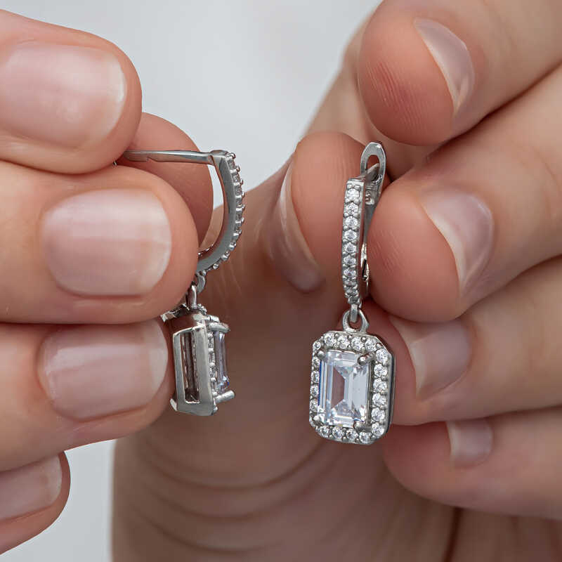 Silver White Baguette Stone-set Dangle Women's Earrings