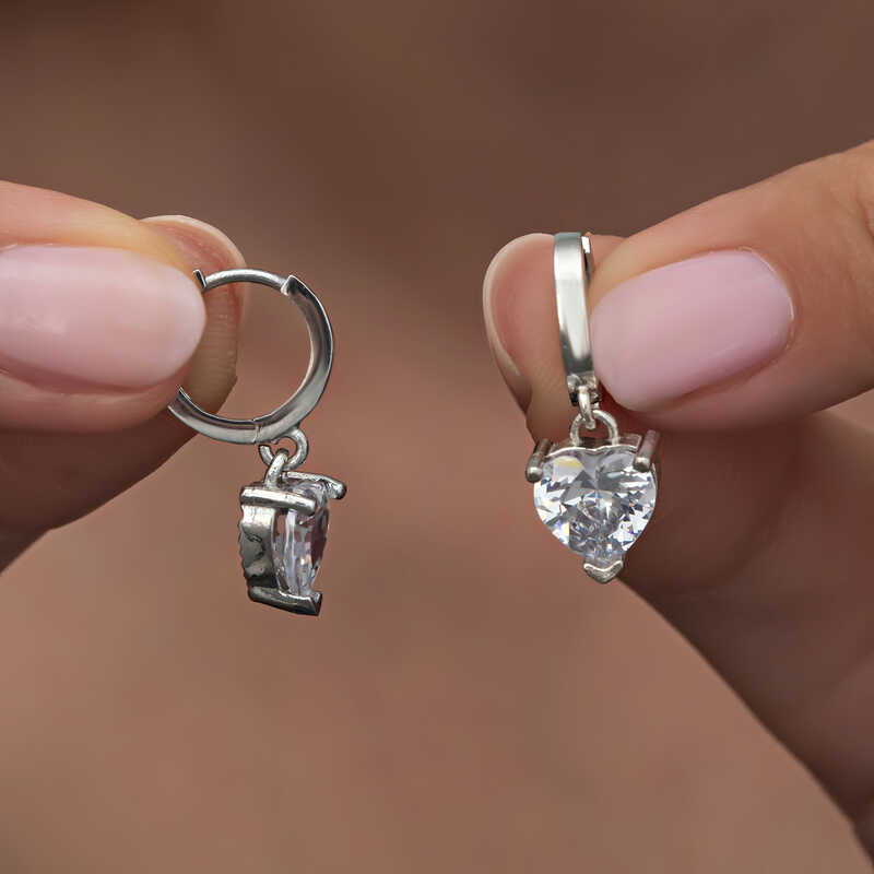 Silver White Stone-set Heart Women's Earrings