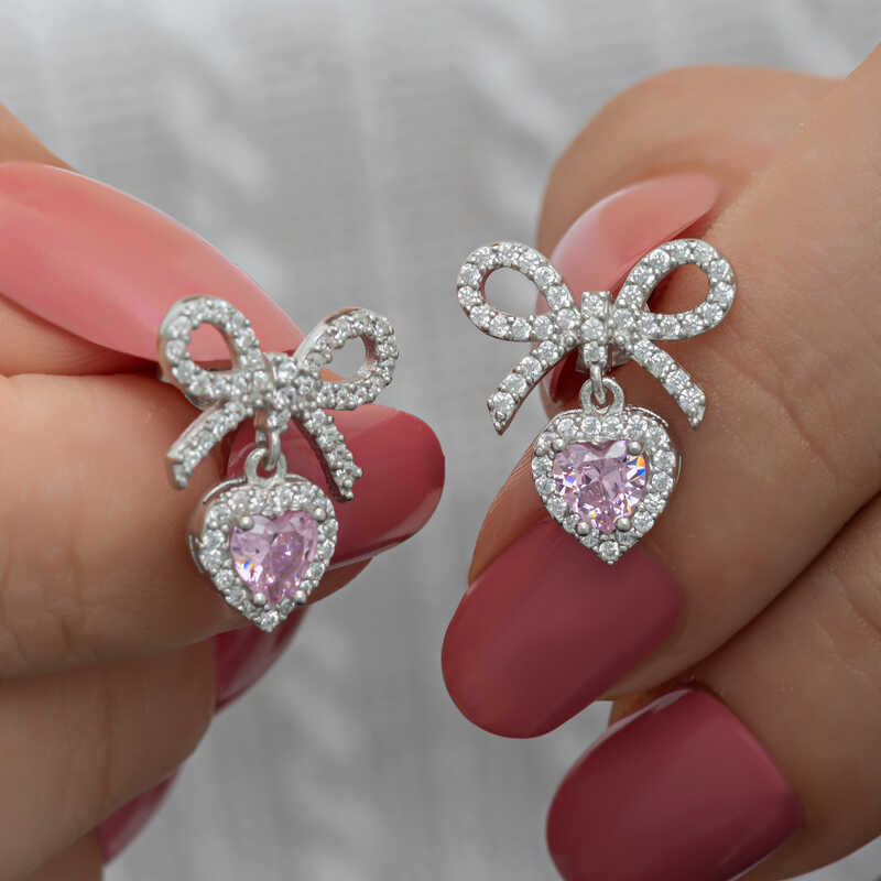 Silver Fiyonk Pink Stone-set Heart Studded Women's Earrings