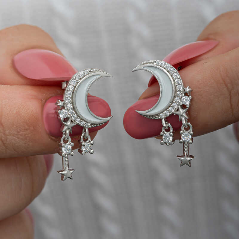 Silver Dangle Star and Crescent Women's Earrings