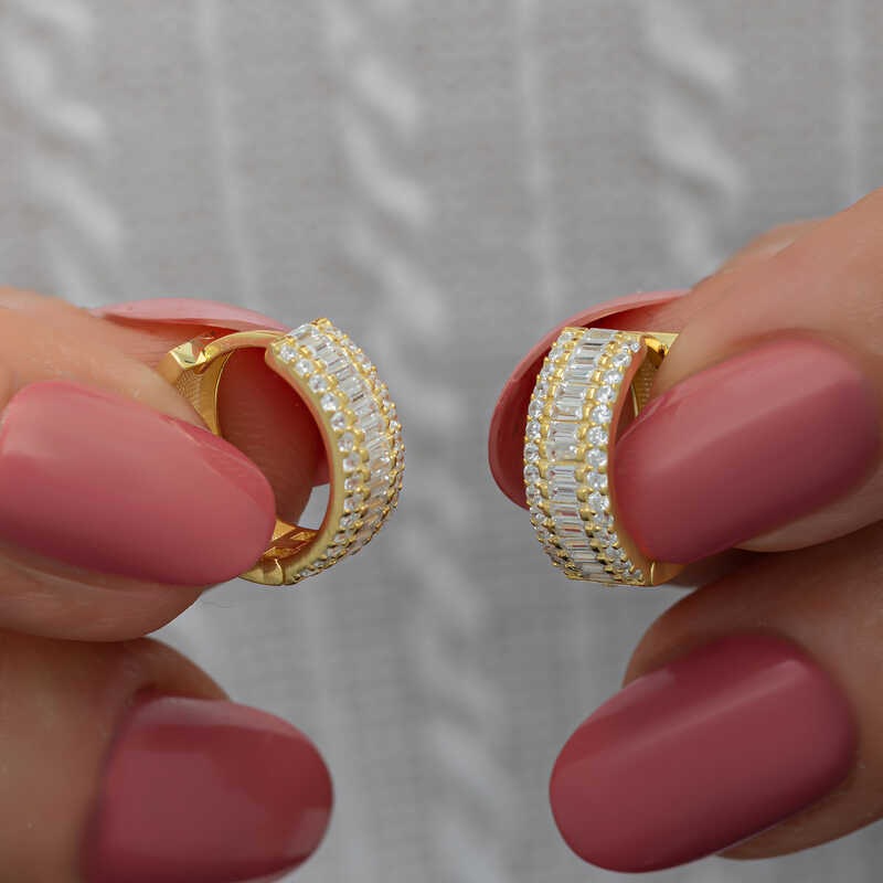 Silver Gold Baguette Row Stone-set Hoop Earrings