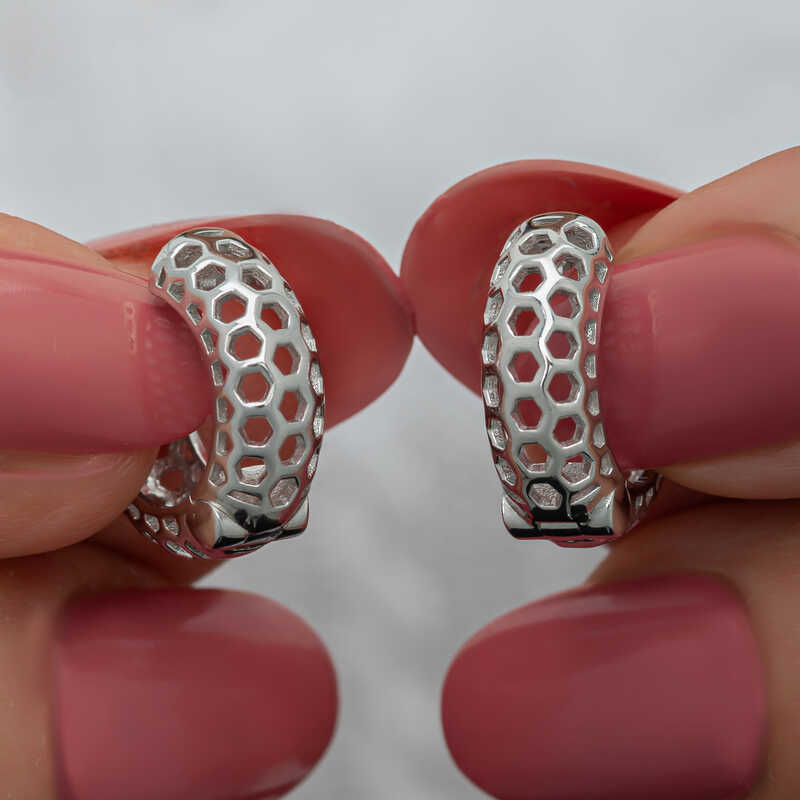 Silver Petek Patterned Hoop Women's Earrings