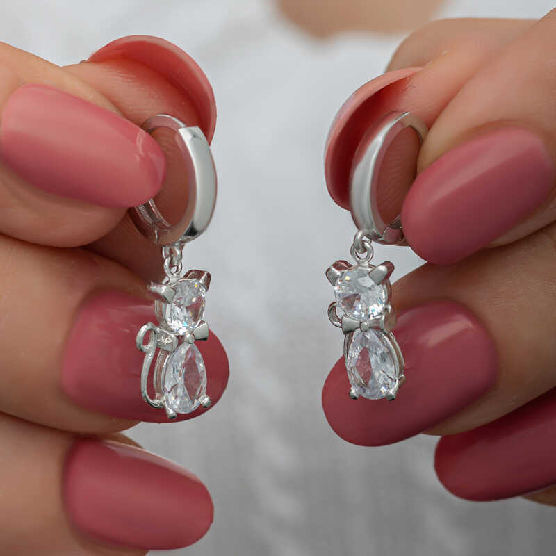 Silver Dangle Cat Women's Earrings