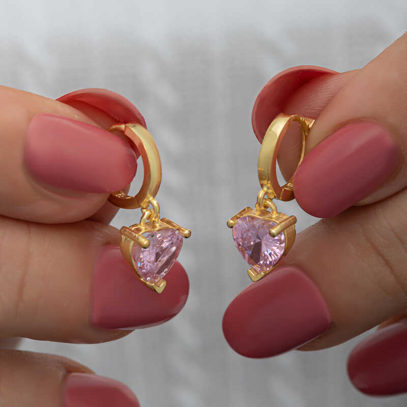 Silver Gold Pink Stone-set Heart Women's Earrings