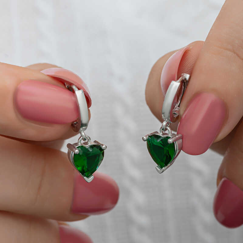 Silver Green Stone-set Heart Women's Earrings