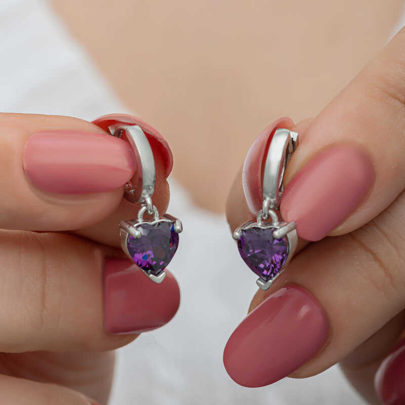 Silver Purple Stone-set Heart Women's Earrings