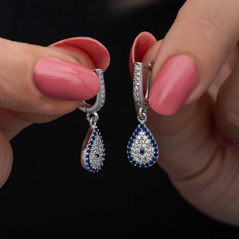 Silver Dangle Drop Evil Eye Women's Earrings