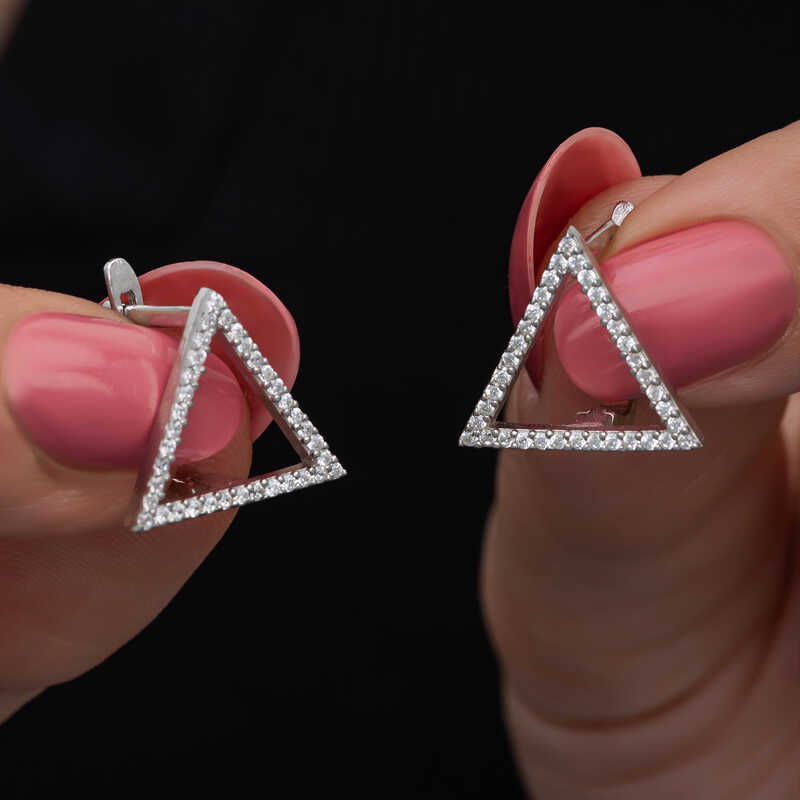 Silver White Stone-set Triangle Earrings