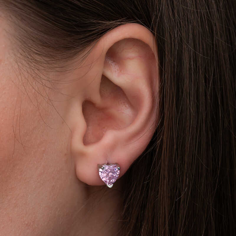Silver Pink Stone-set Heart Studded Women's Earrings