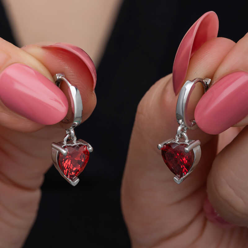 Silver Red Stone-set Heart Women's Earrings
