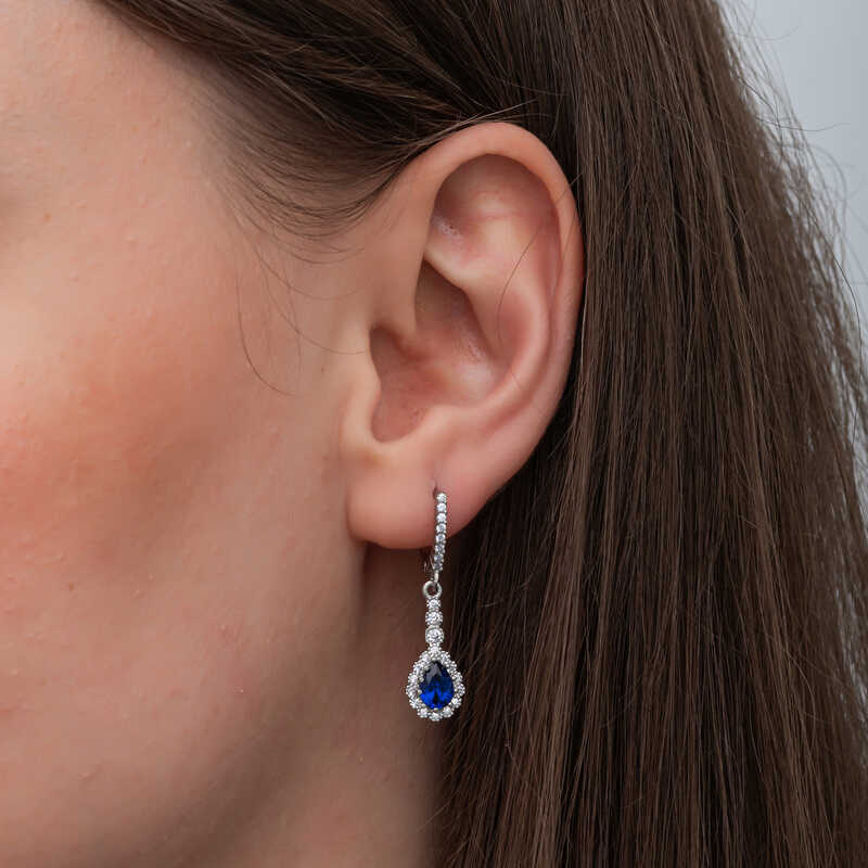 Silver Blue Drop Zircon Stone-set Women's Earrings