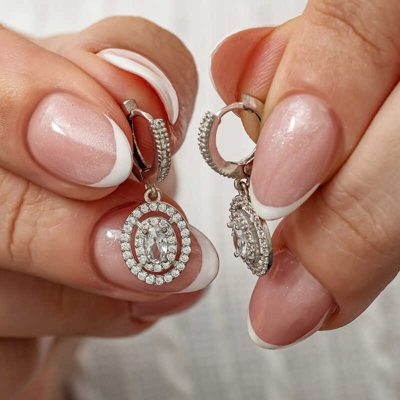 Silver Oval Stone Dangle Earrings