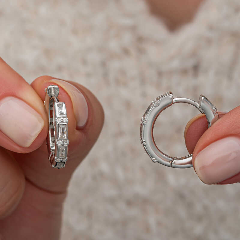 Silver Baguette Stone Hoop Earrings for Women