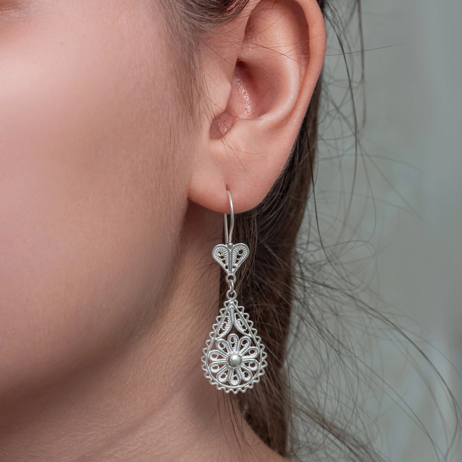 Silver Drop Daisy Filigree Earring