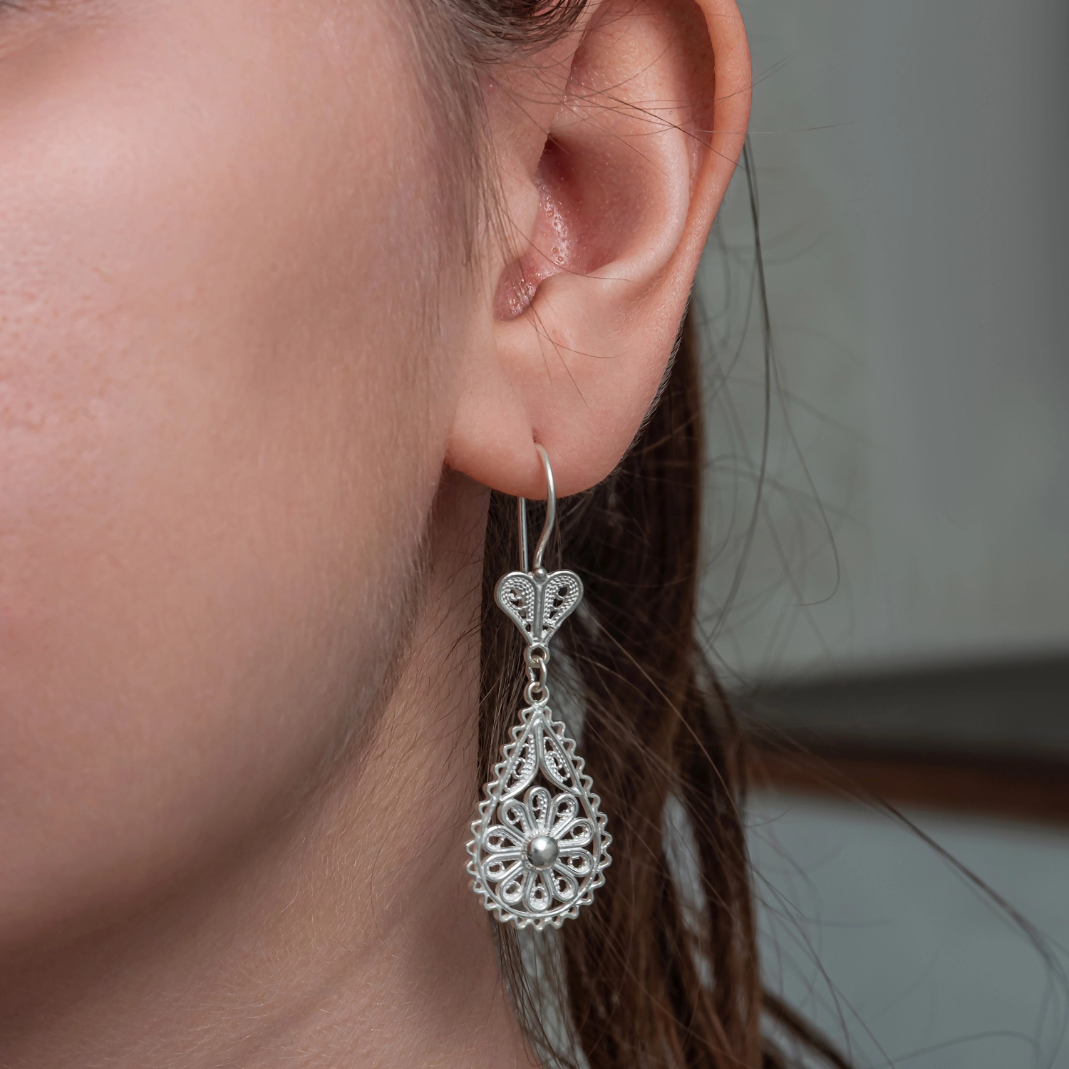 Silver Drop Daisy Filigree Earring