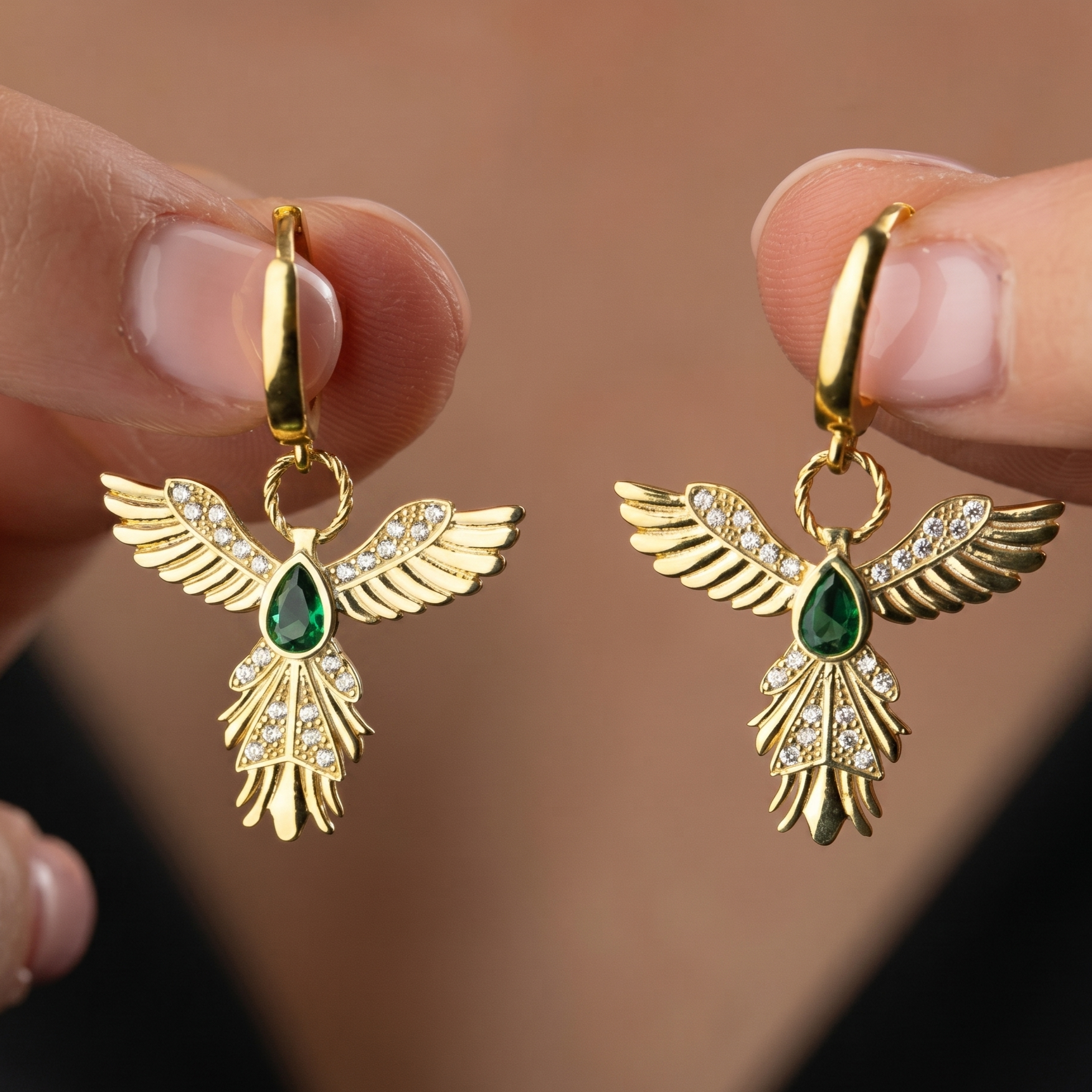 925 Sterling Silver Gold Phoenix Earrings with Emerald-Tone Stone