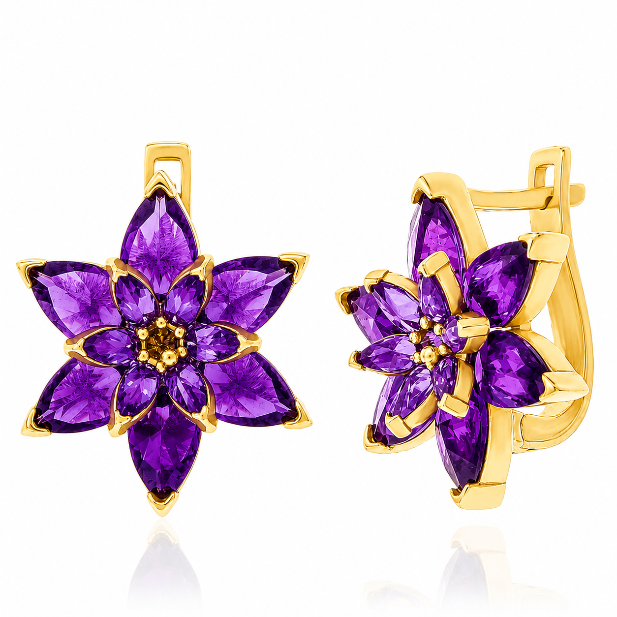 925 Sterling Silver Gold Plated Purple Lotus Flower Earrings