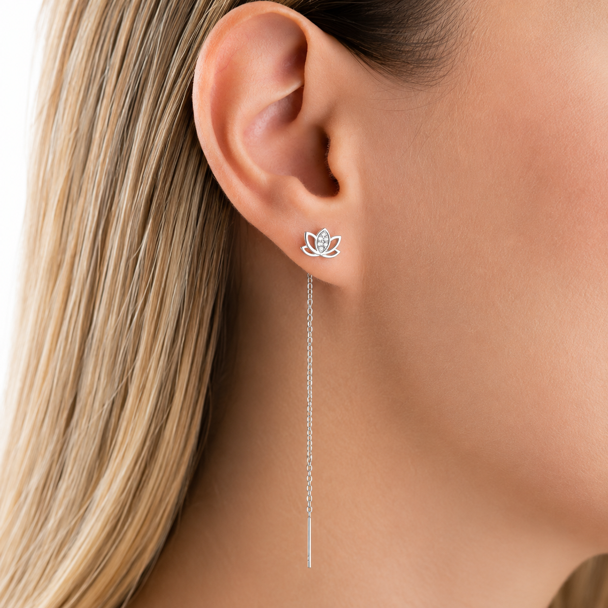 925 Sterling Silver Long Lotus Drop Earrings