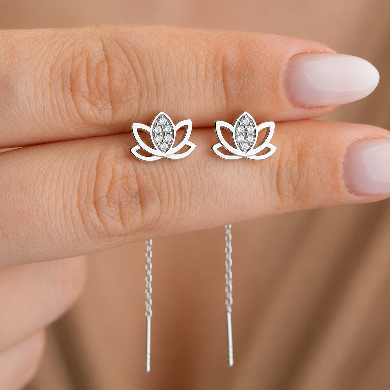 925 Sterling Silver Long Lotus Drop Earrings