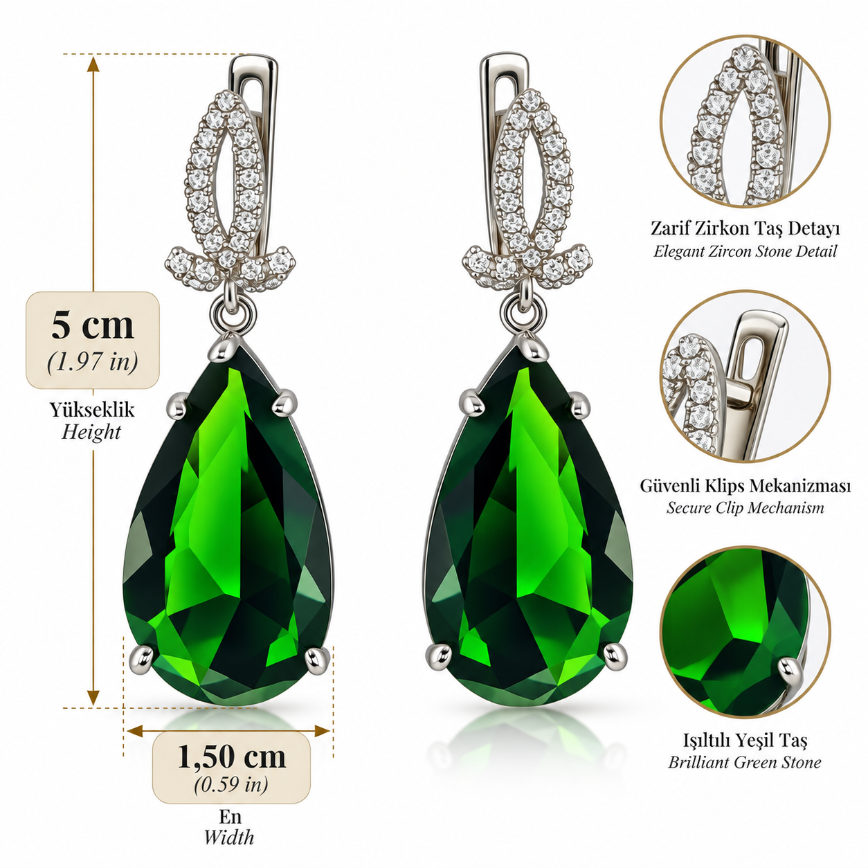 925 Sterling Silver Rhodium Plated Green Drop Earrings