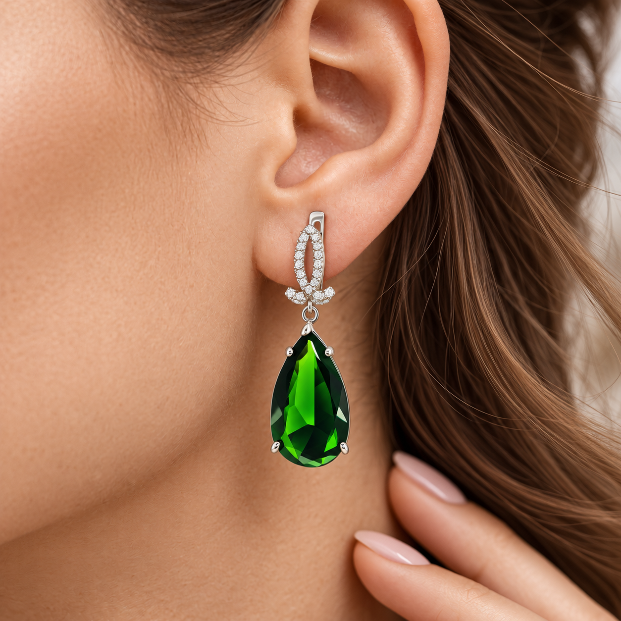 925 Sterling Silver Rhodium Plated Green Drop Earrings