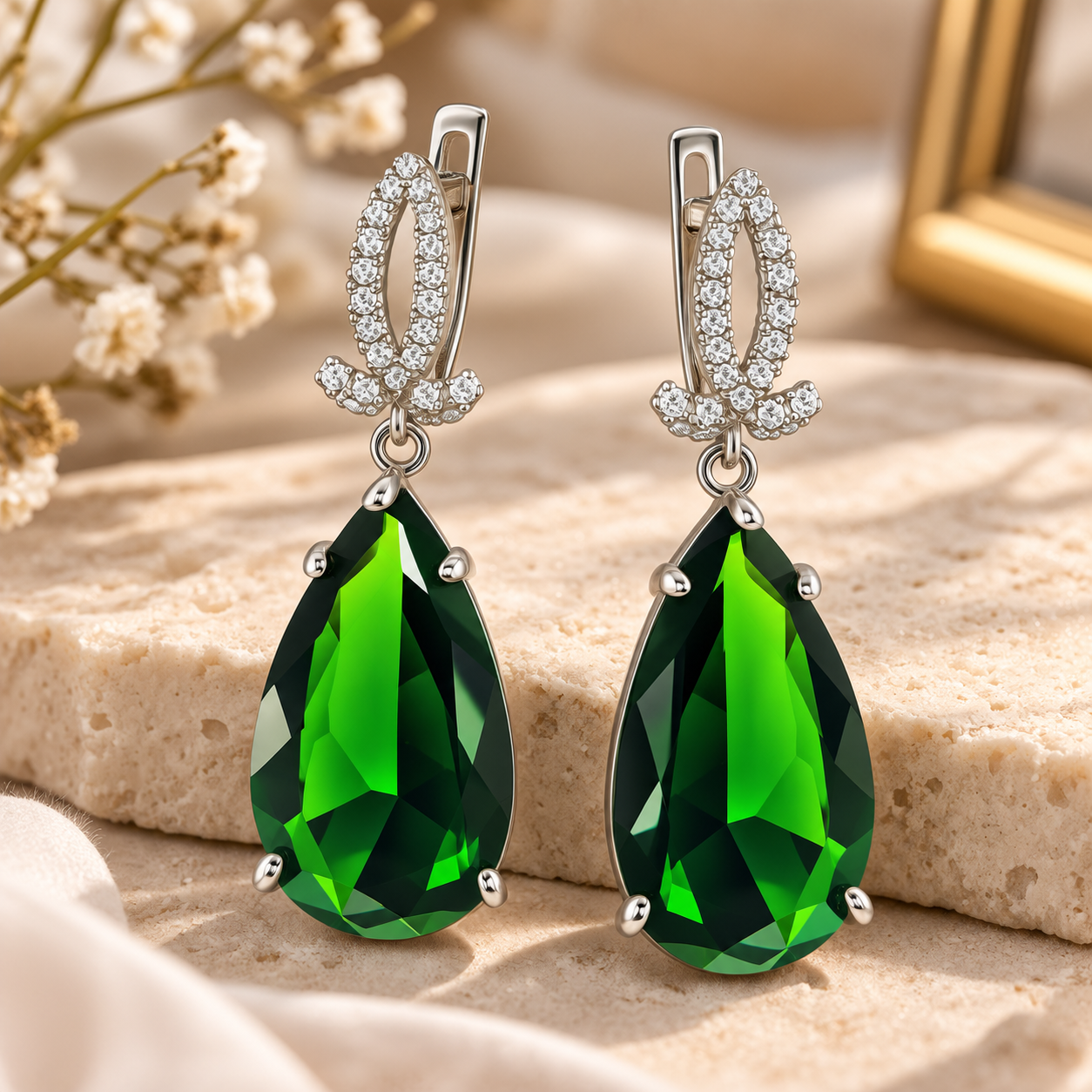 925 Sterling Silver Rhodium Plated Green Drop Earrings