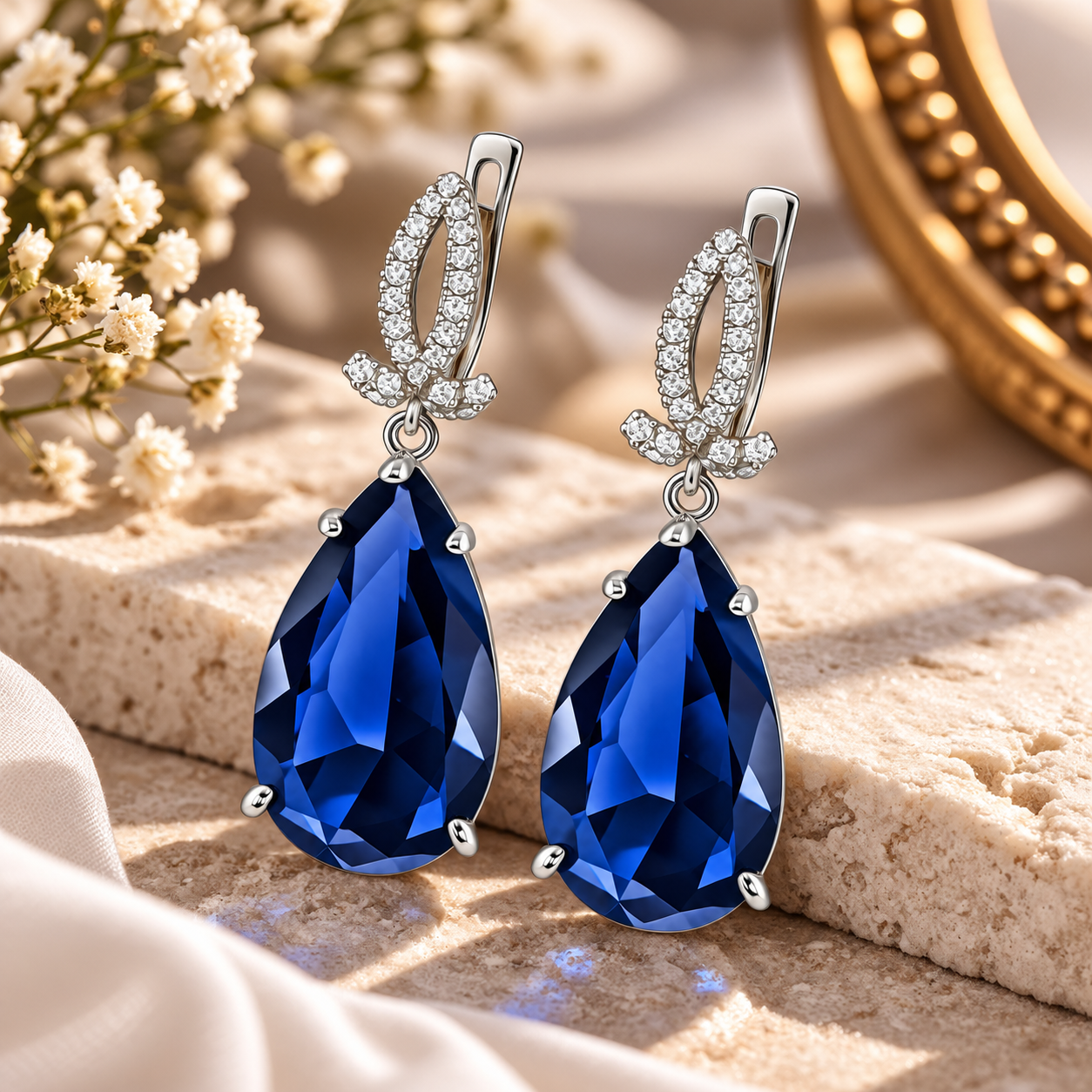 925 Sterling Silver Rhodium Plated Navy Blue Drop Earrings