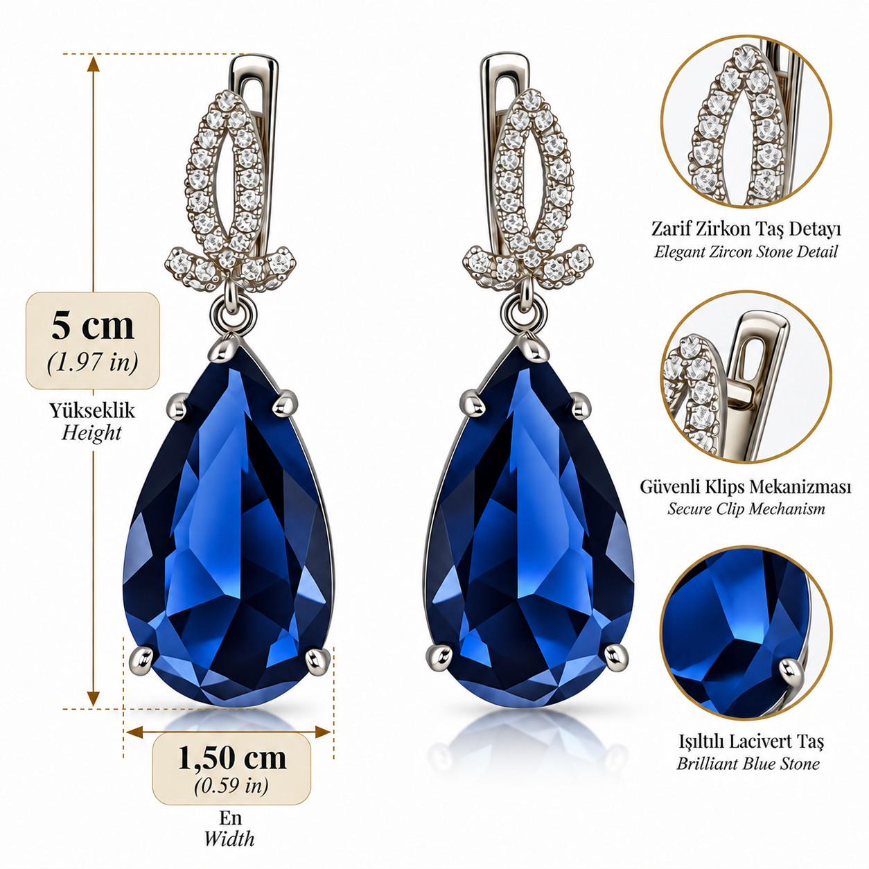 925 Sterling Silver Rhodium Plated Navy Blue Drop Earrings