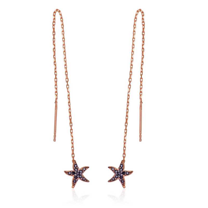 Silver Black Stone Starfish Chain Earrings