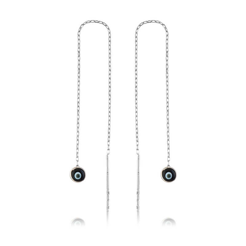 Silver Chain Dark Blue Evil Eye Earrings