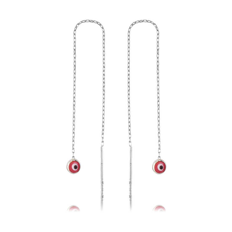 Silver Chain Pink Evil Eye Earrings