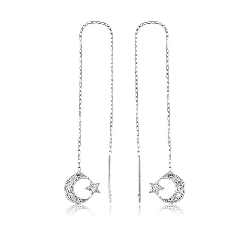 Silver Chain Crescent Star Earrings