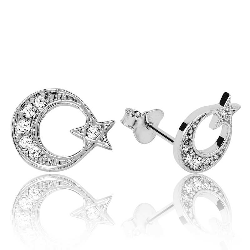Silver Crescent Star Stud Earrings
