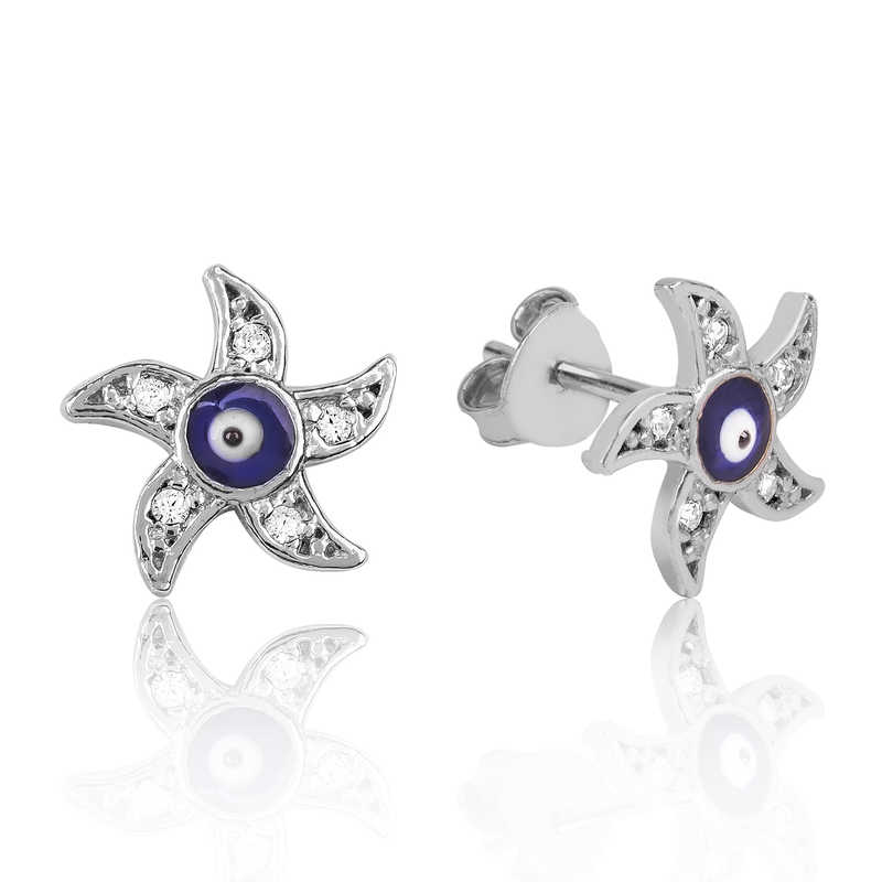 Silver Evil Eye Starfish Stud Earrings