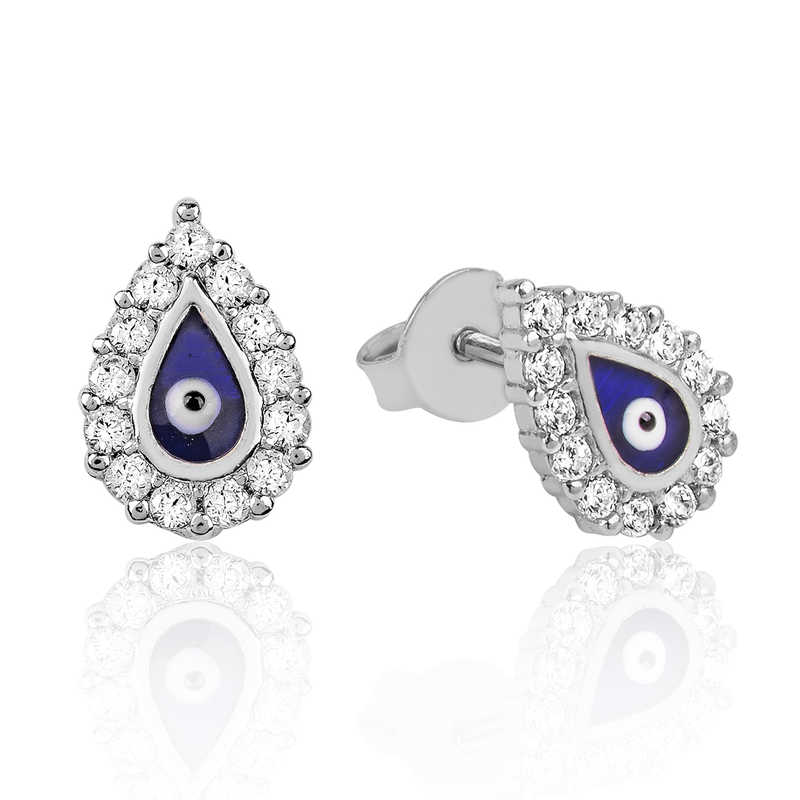 Silver White Stone Evil Eye Drop Stud Earrings
