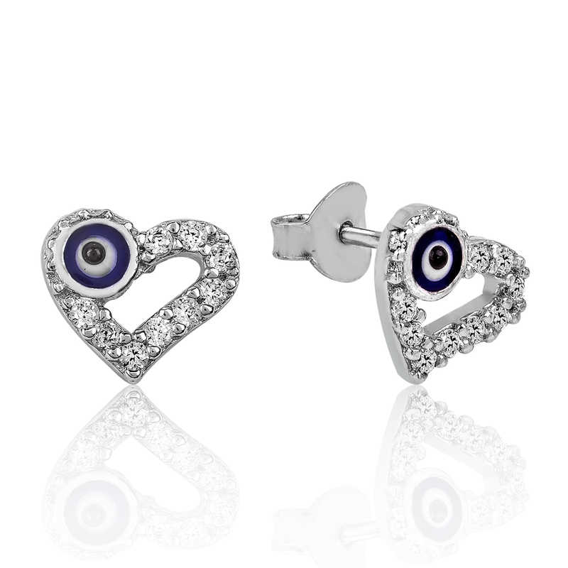 Silver Heart Evil Eye Stud Earrings