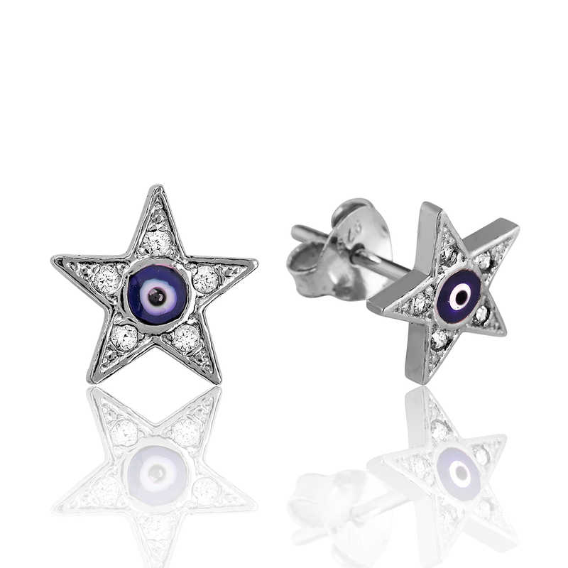 Silver Evil Eye Star Stud Earrings