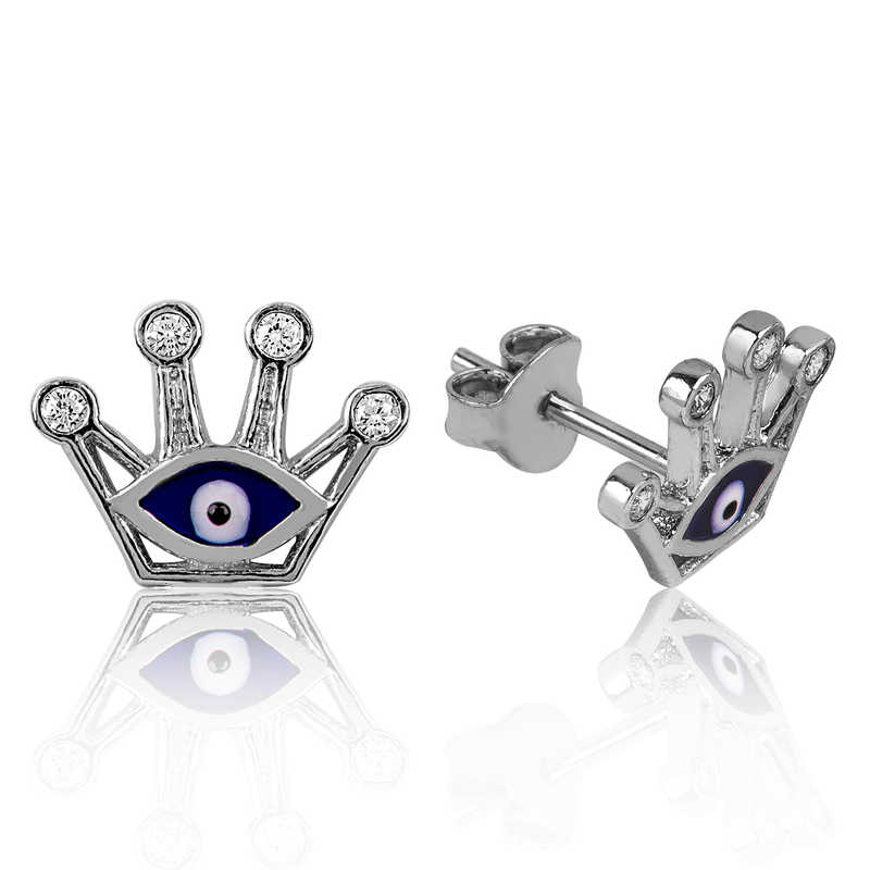 Silver Evil Eye Queen Crown Stud Earrings