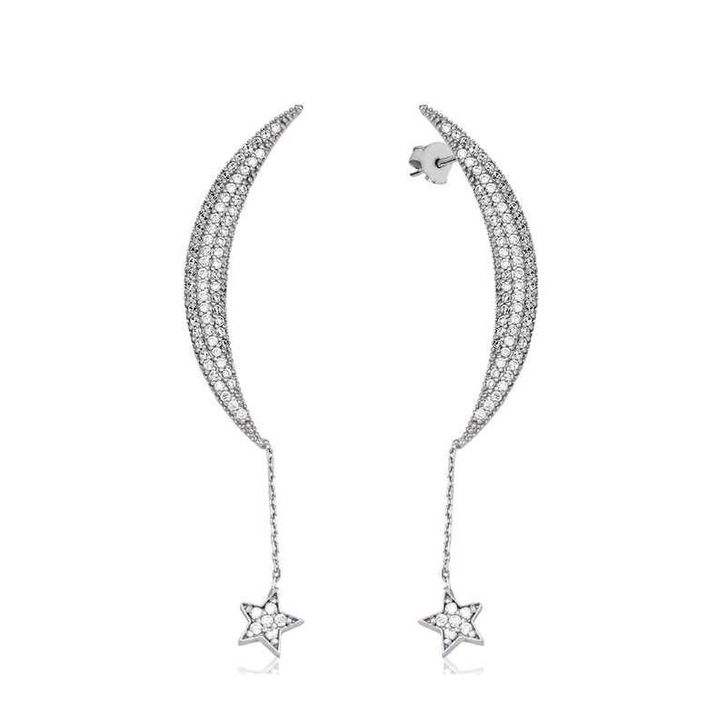 Silver Chain Crescent Star Earrings