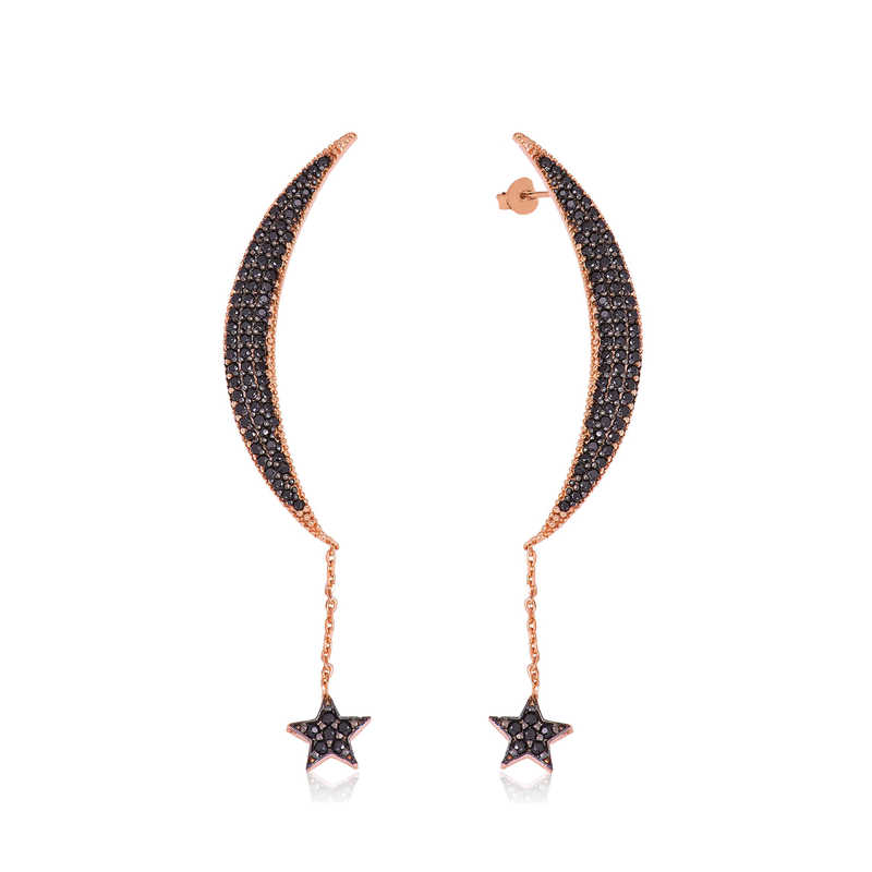 Silver Chain Crescent Star Earrings