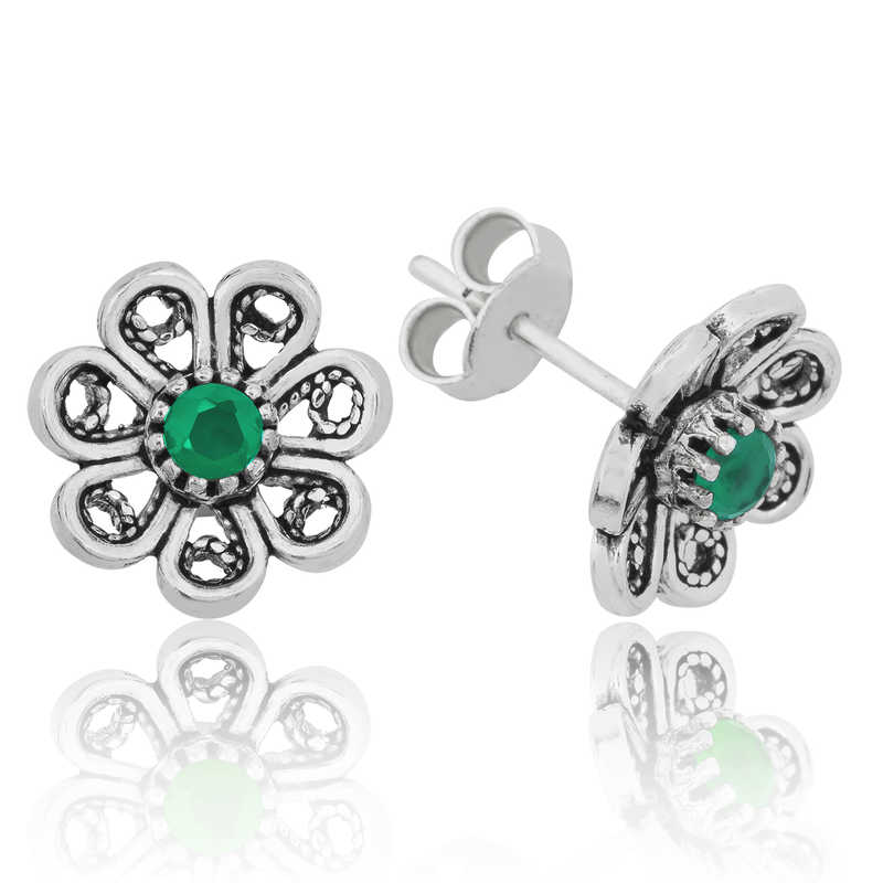 Silver Green Filigree Flower Stud Earrings
