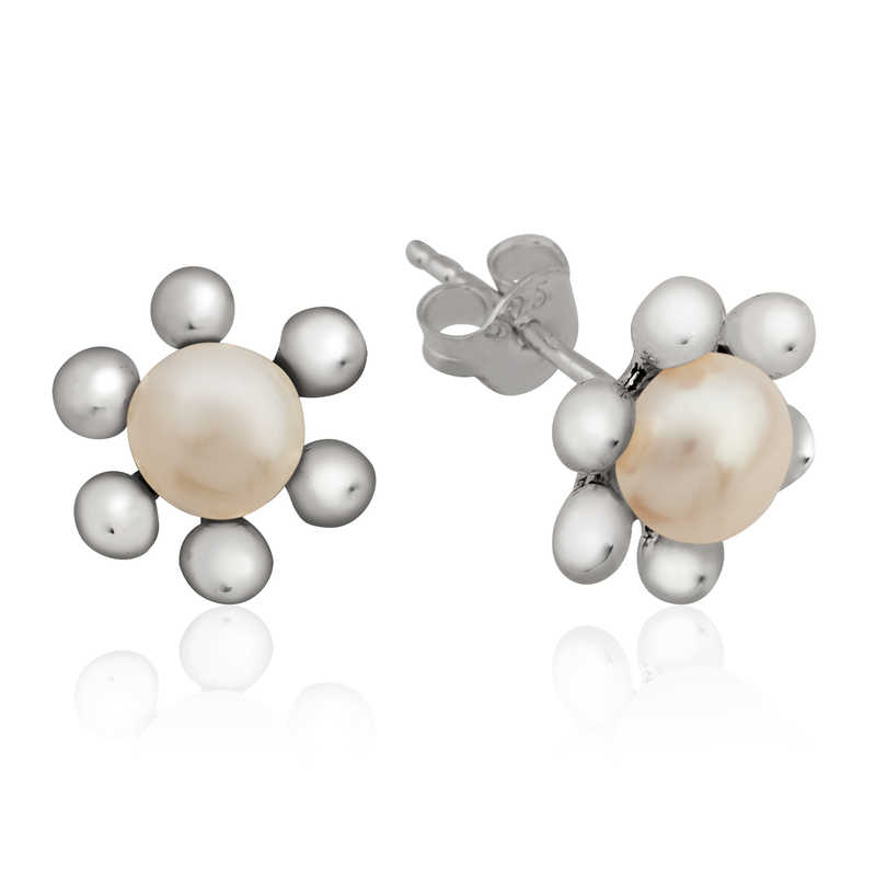 Silver Pearl Flower Stud Earrings