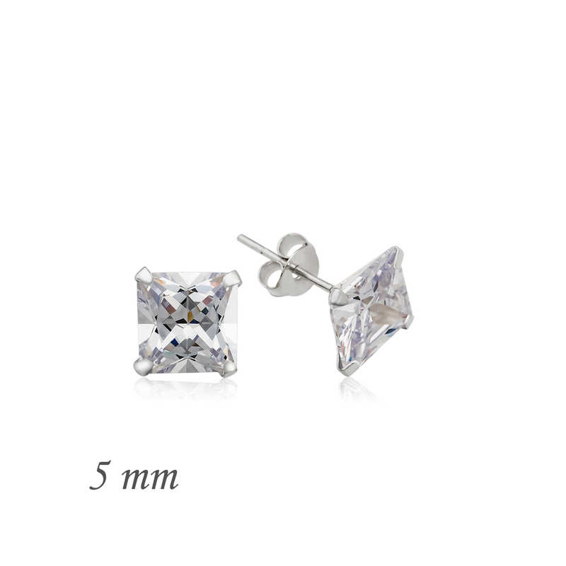 Silver Square Single Stone Zircon Earrings - 5 mm