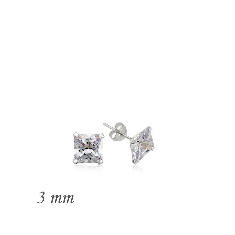 Silver Square Single Stone Zircon Earrings - 3 mm