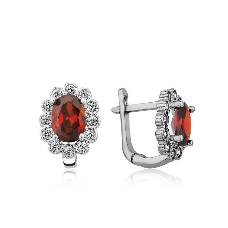 Silver Red Flower Patterned J Women’s Earrings